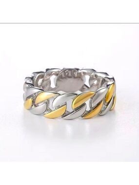 Gold and Silver Tone Braided Chain Ring 7mm Wide Cuban Link Chain Ring